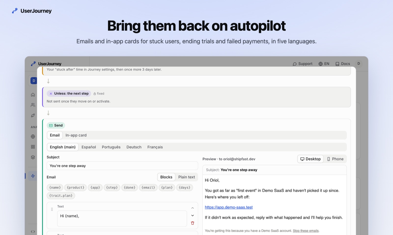 A recovery email in UserJourney's playbooks: the subject, the text, and a preview of what the person receives